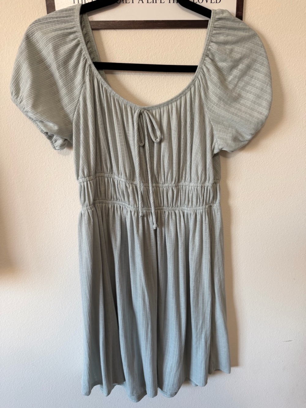 Ces Femme Sage Green Mini Dress with Puff Sleeves